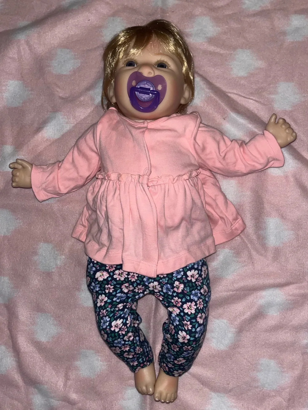 Pink Baby Doll with Purple Pacifier and Floral Pants